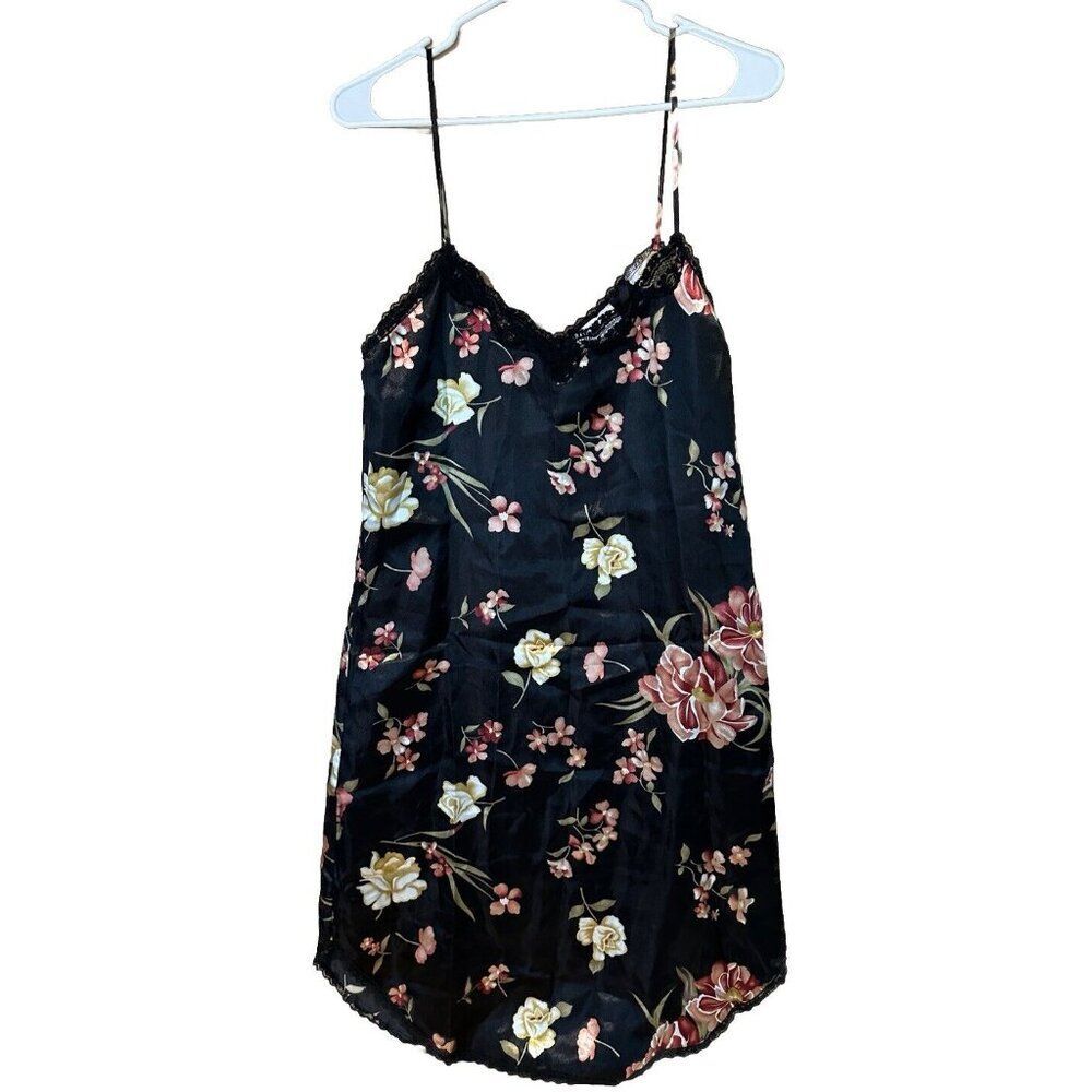 Vanity Fair Women's L Slip On Black Lace Trim Floral Nightgown Chemise Dress
